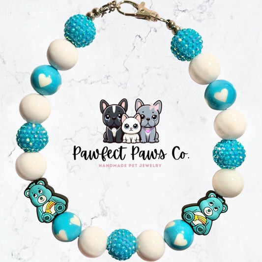 Wish Bear* White & Blue Sparkle Care Bear Custom Beaded Dog/Cat Collar Necklace!