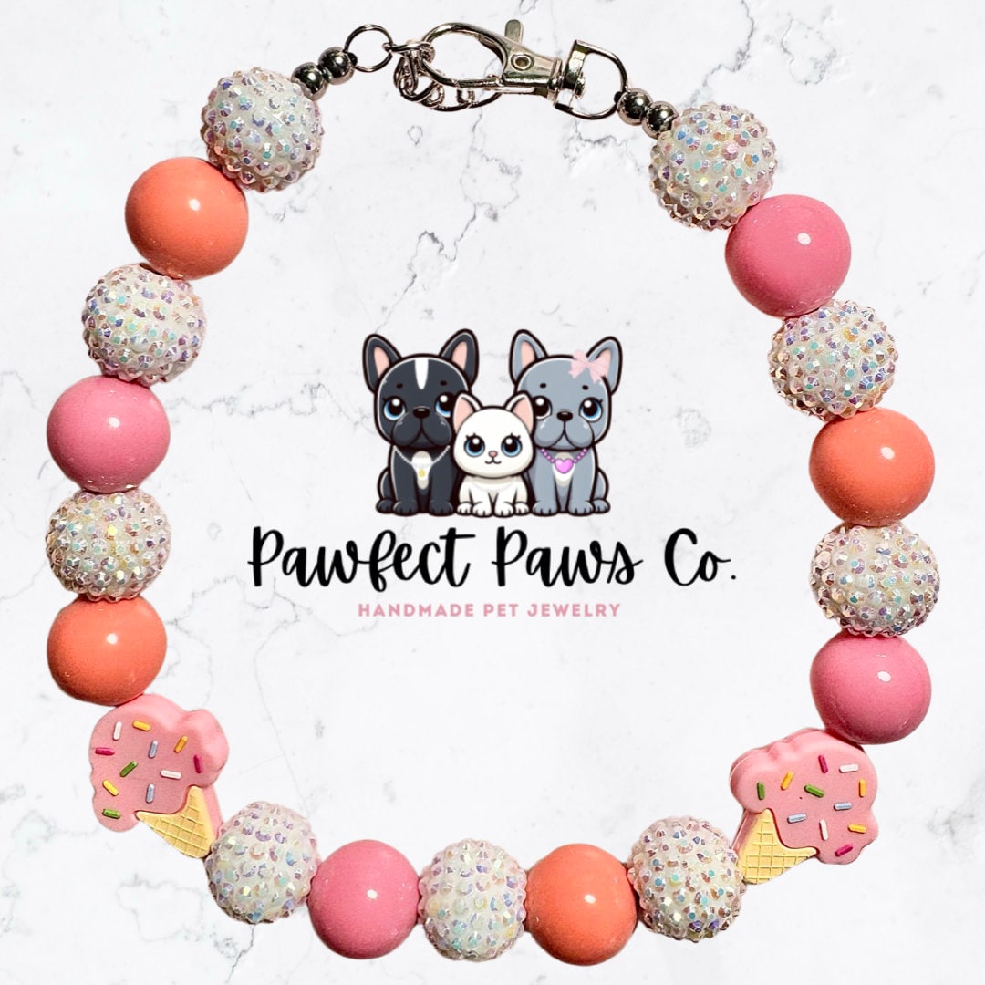 Icecream Pawty #2 * Pink, Orange, White Sparkle Icecream Custom Beaded Dog/Cat Collar Necklace! Created for Bentley’s Birthday Pawty!