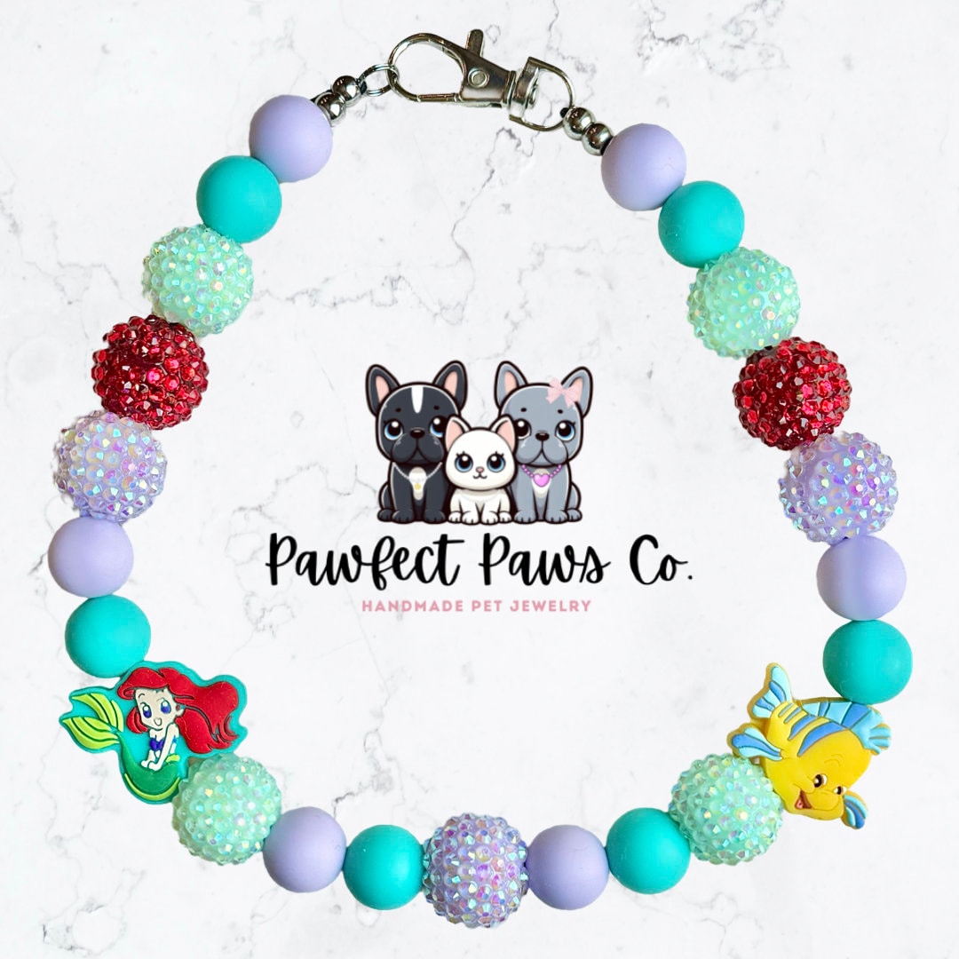 Under the Sea * Red, Teal & Purple Sparkle Mermaid Custom Beaded Dog/Cat Collar Necklace! For Ilsa’s Birthday Pawty!