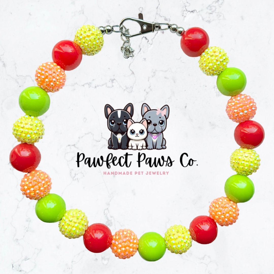 Fruity Fiesta* Red, Green, Orange & Yellow Sparkle Cinco De Mayo Custom Beaded Dog/Cat Collar Necklace!