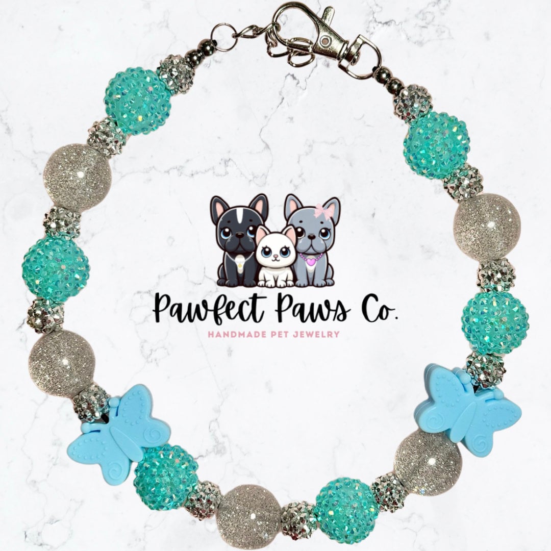 Spring Flutters * Teal, Blue & Silver Sparkle Butterfly Springtime Custom Beaded Dog/Cat Collar Necklace!