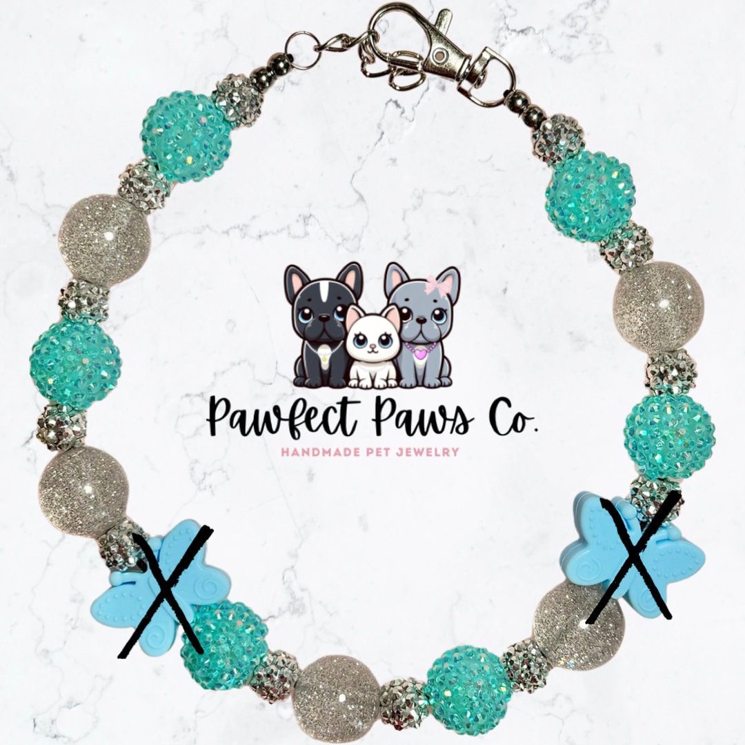 Spring Flutters * Teal, Blue & Silver Sparkle Butterfly Springtime Custom Beaded Dog/Cat Collar Necklace!