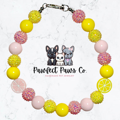 Pink Lemonade* Yellow & Pink Sparkle Lemonade Custom Beaded Dog/Cat Collar Necklace!