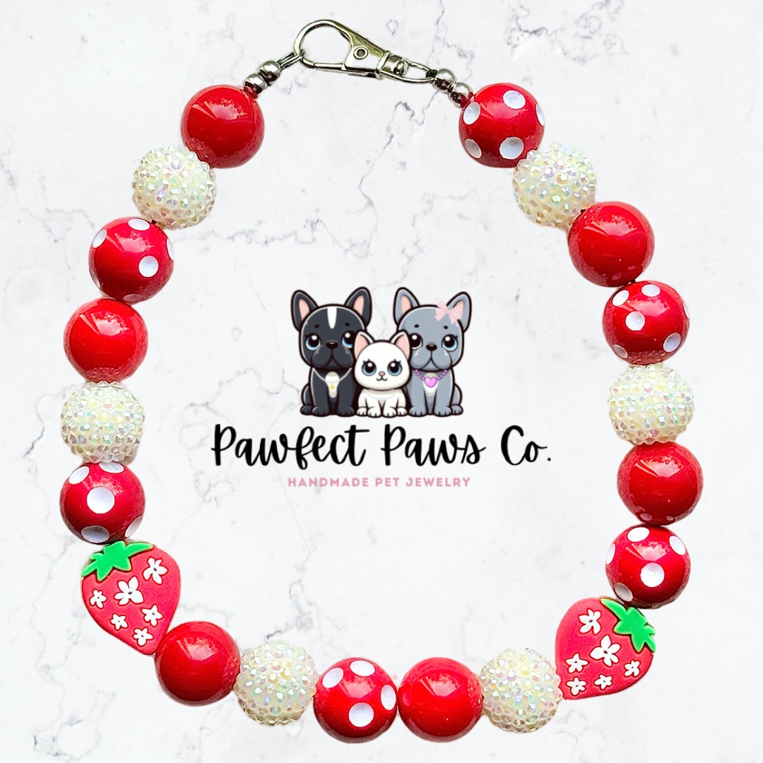 Berry Sweetest* Red & Cream White Sparkle Strawberry Custom Beaded Dog/Cat Collar Necklace!