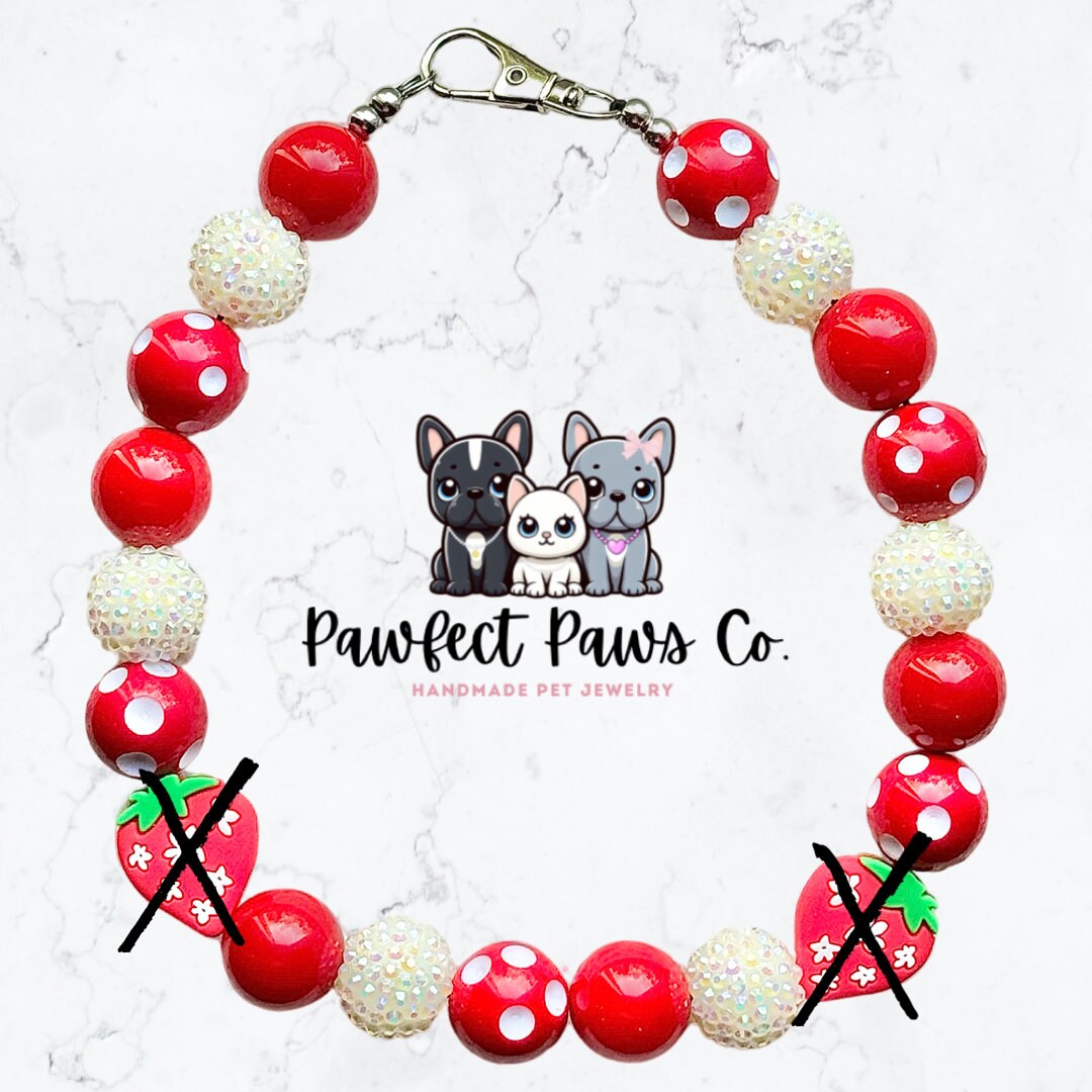 Berry Sweetest* Red & Cream White Sparkle Strawberry Custom Beaded Dog/Cat Collar Necklace!