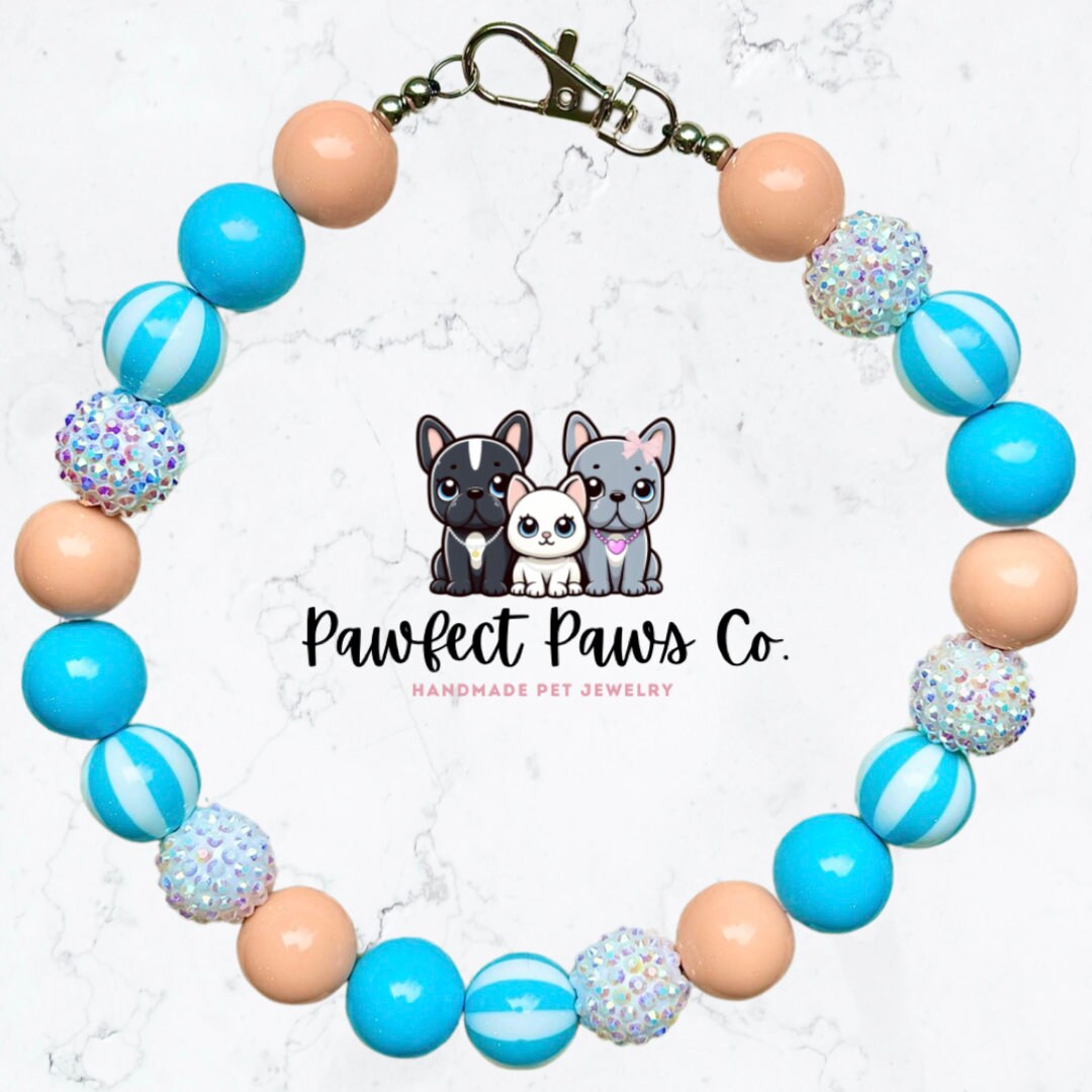 Beach Ballin’* Blue, Salmon & White Sparkle Beach Summertime Custom Beaded Dog/Cat Collar Necklace!