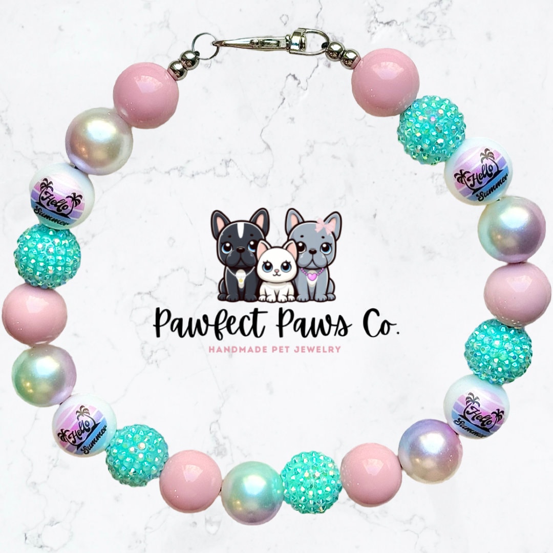 Hello Summer* Pink, Purple Ombré & Teal Sparkle Summertime Custom Beaded Dog/Cat Collar Necklace!