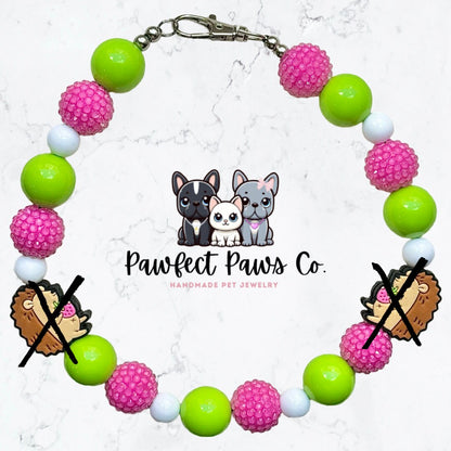 HedgeHugs* Green, White & Pink Sparkle Hedgehog w/ Strawberry Custom Beaded Dog/Cat Collar Necklace!