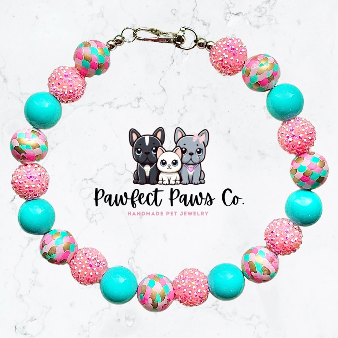 Mer-mazing* Teal & Pink Sparkle Mermaid Scale Custom Beaded Dog/Cat Collar Necklace!