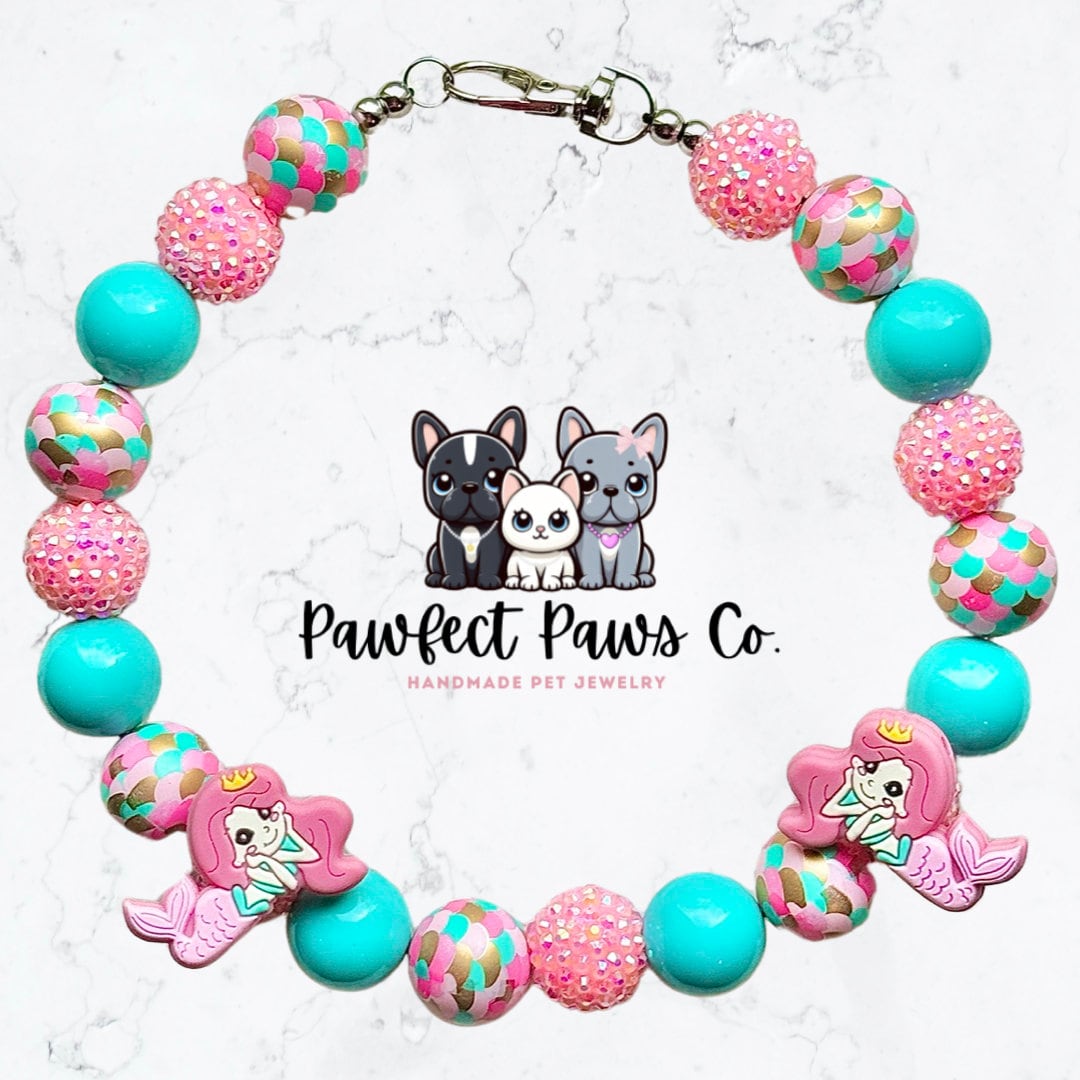 Mer-mazing* Teal & Pink Sparkle Mermaid Scale Custom Beaded Dog/Cat Collar Necklace!