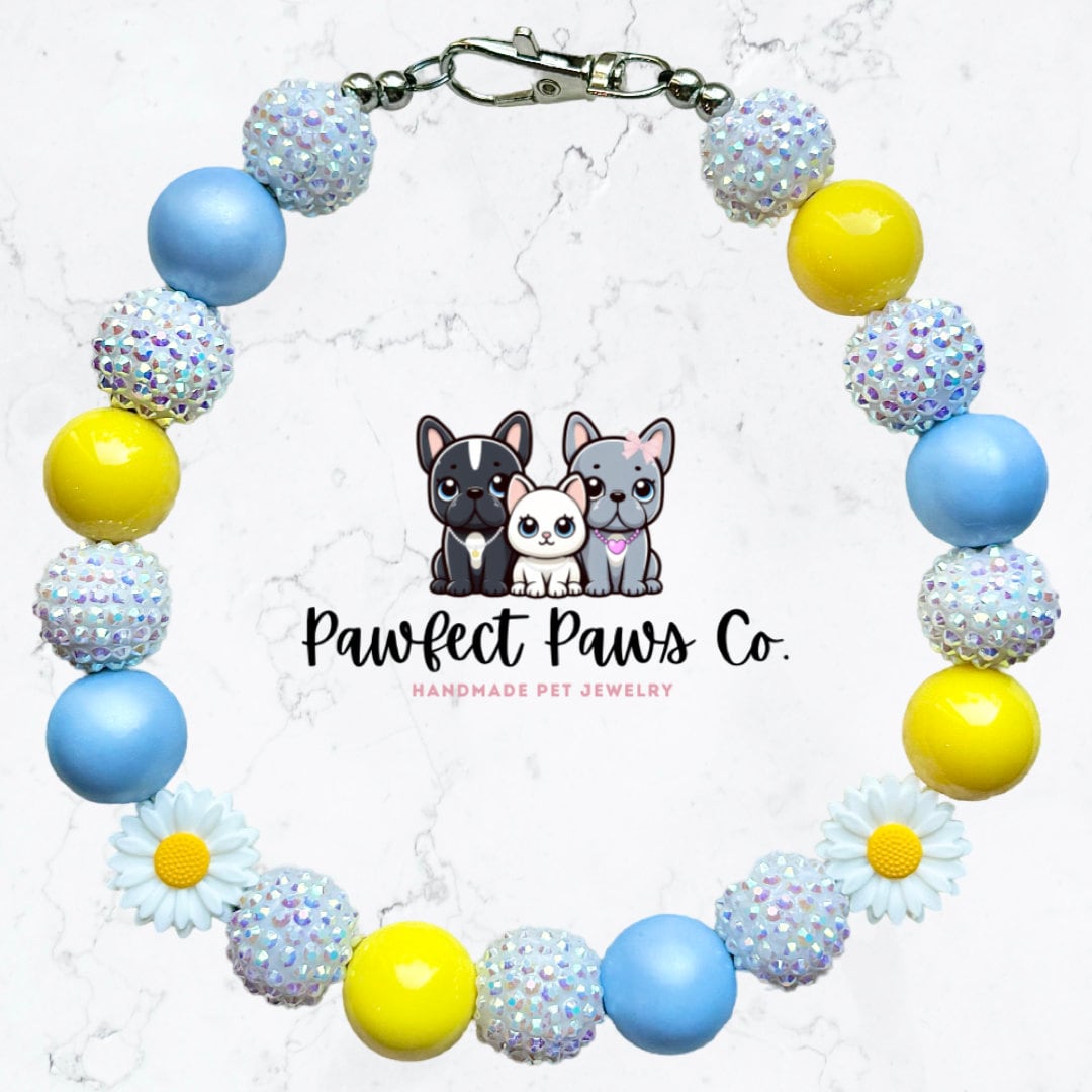 Daisy Duke* Blue, Yellow & White Sparkle Daisy Flower Custom Beaded Dog/Cat Collar Necklace!