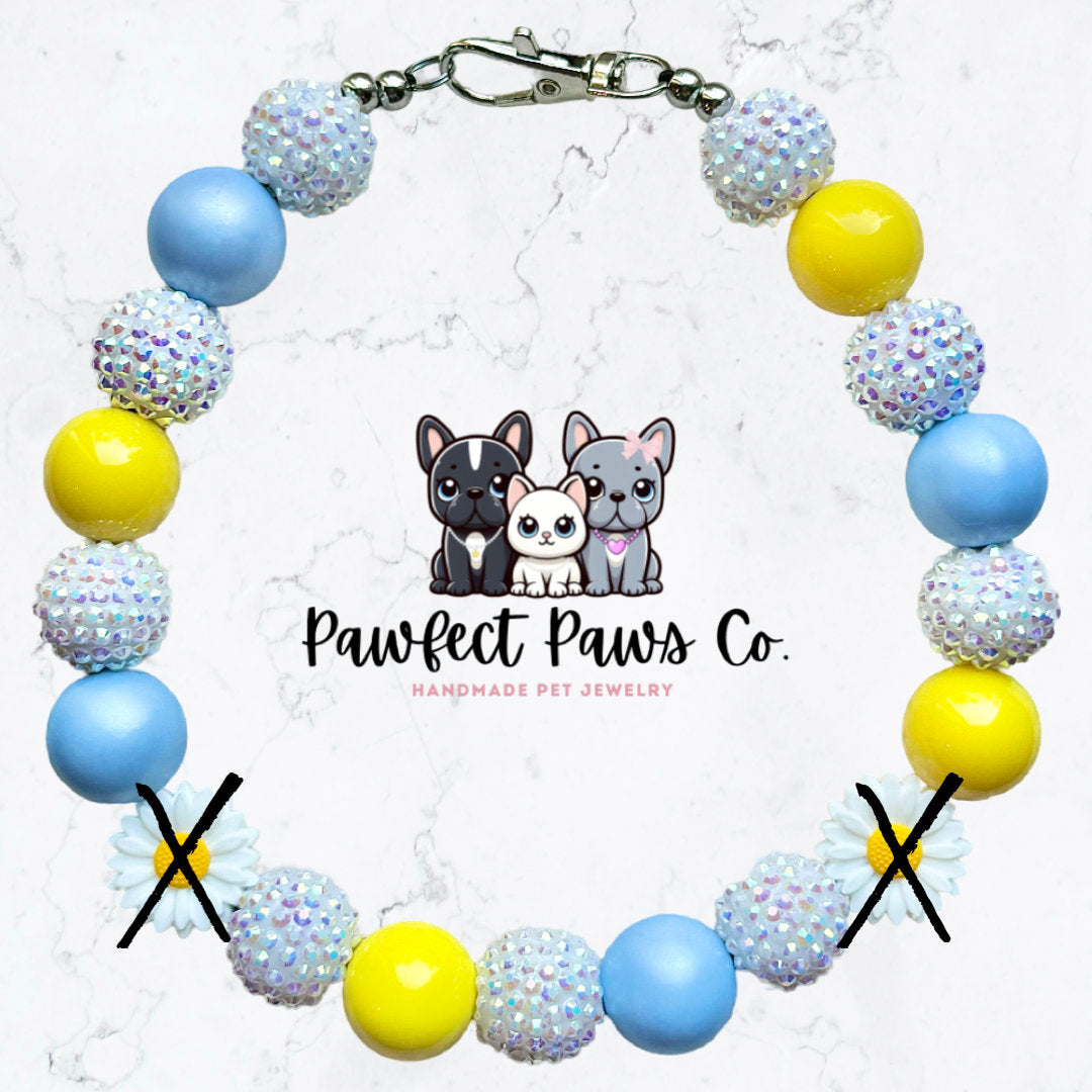 Daisy Duke* Blue, Yellow & White Sparkle Daisy Flower Custom Beaded Dog/Cat Collar Necklace!