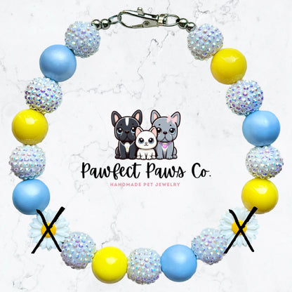 Daisy Duke* Blue, Yellow & White Sparkle Daisy Flower Custom Beaded Dog/Cat Collar Necklace!