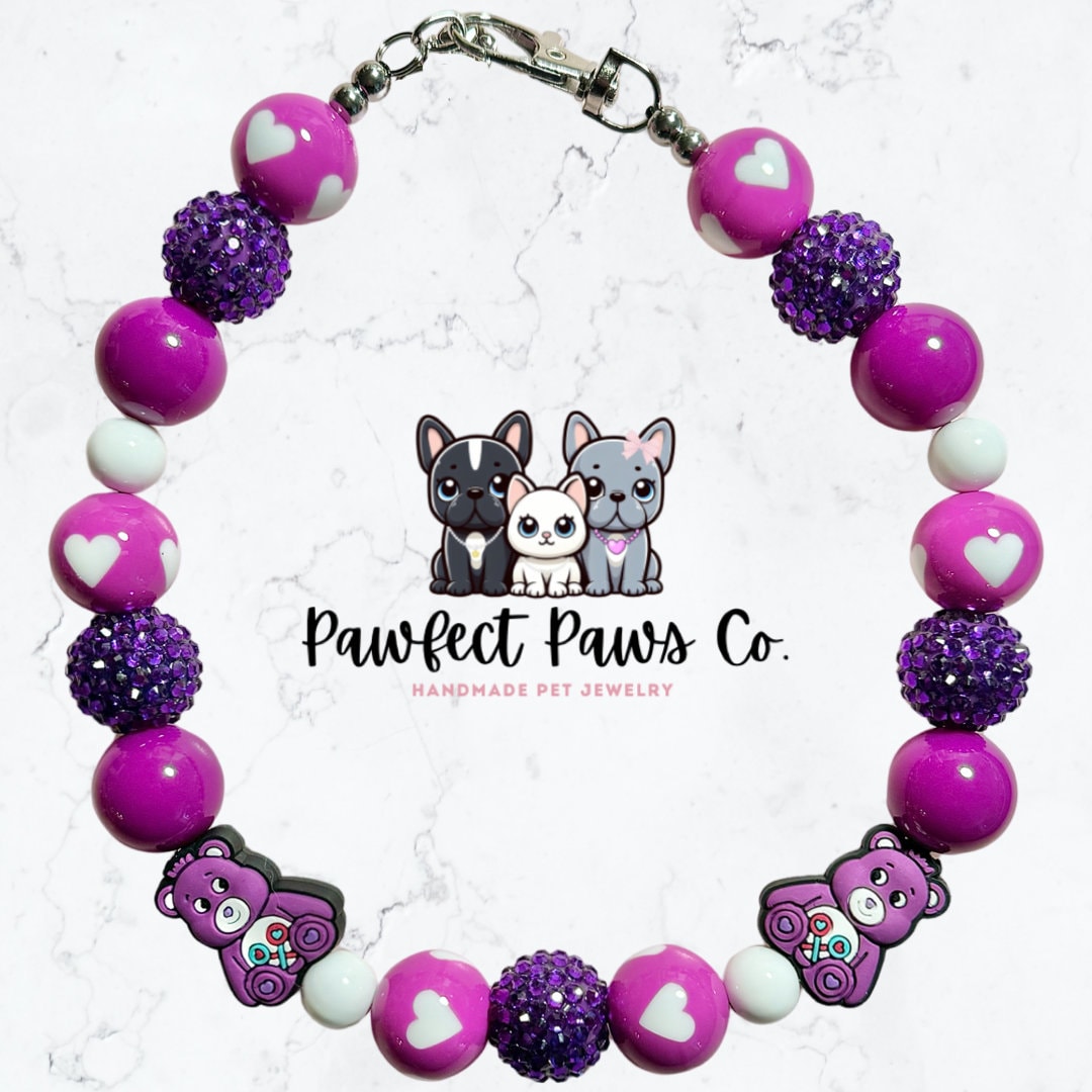 Share Bear* Purple & Sparkle Care Bear Custom Beaded Dog/Cat Collar Necklace!