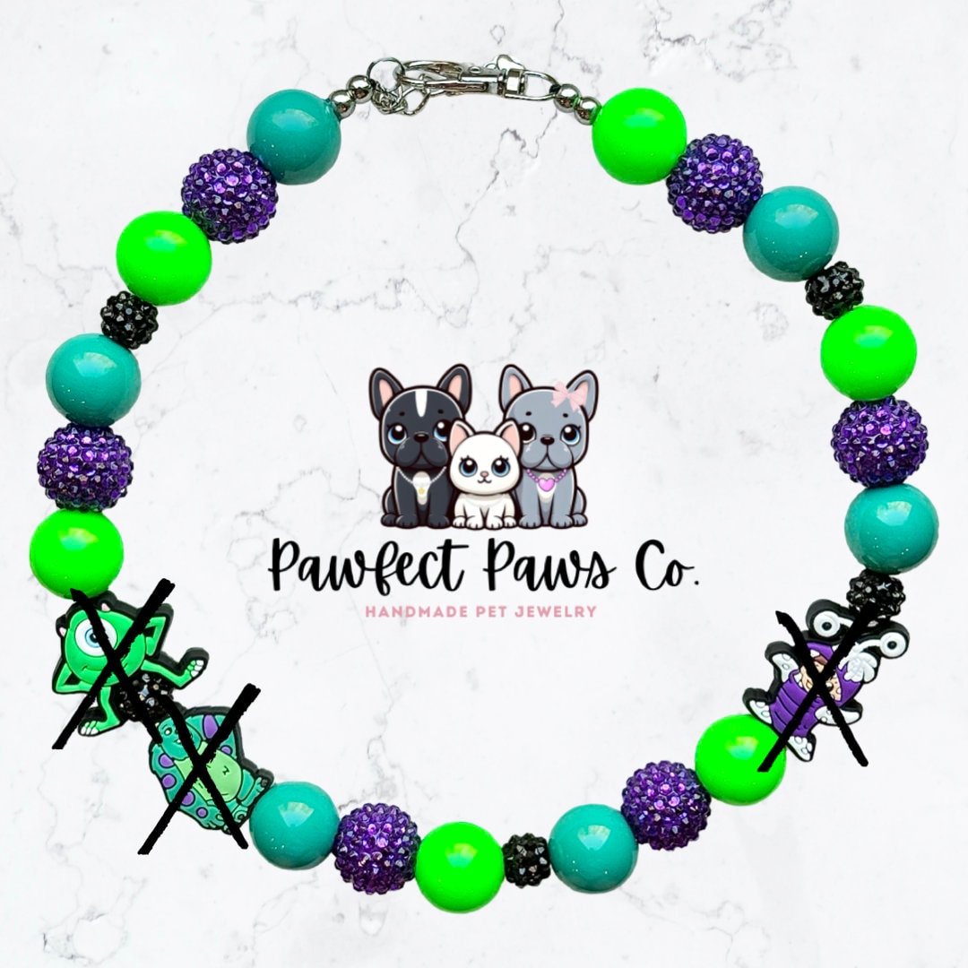 Monster Boos* Teal, Green & Purple Sparkle Monsters Custom Beaded Dog/Cat Collar Necklace!