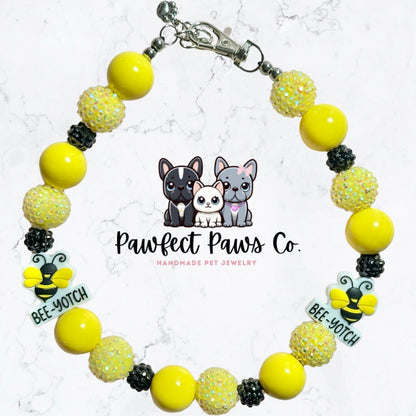 Bee-Yotch* Yellow, Black & White Sparkle Bumble Bee Custom Beaded Dog/Cat Collar Necklace!