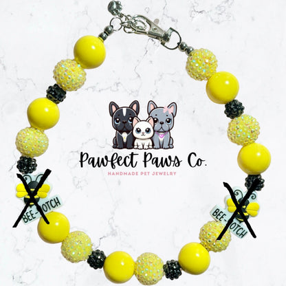 Bee-Yotch* Yellow, Black & White Sparkle Bumble Bee Custom Beaded Dog/Cat Collar Necklace!