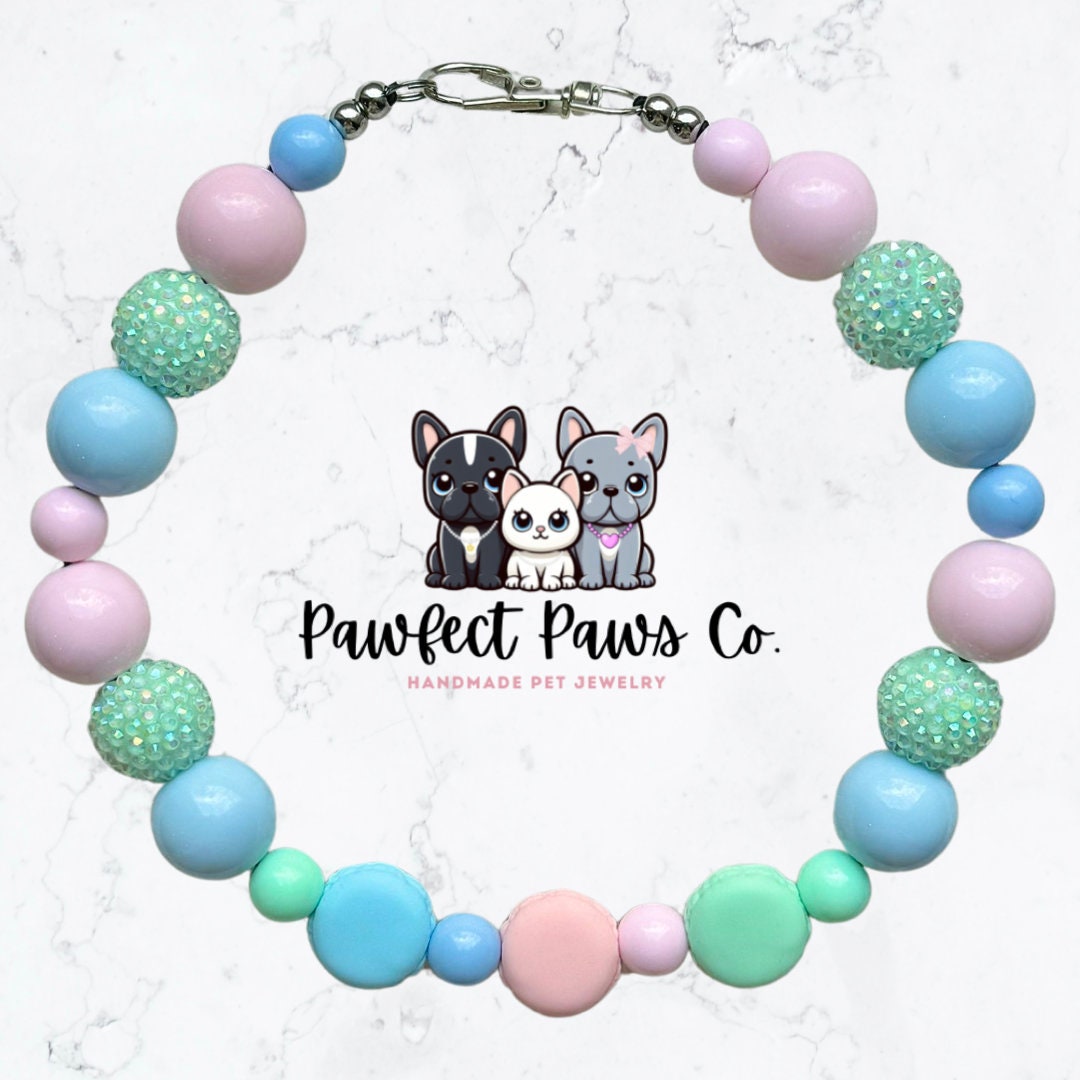 Tea Pawty* Pastel Blue, Pink & Mint Sparkle Macaroon Custom Beaded Dog/Cat Collar Necklace! Created for Ruby’s Birthday Pawty!