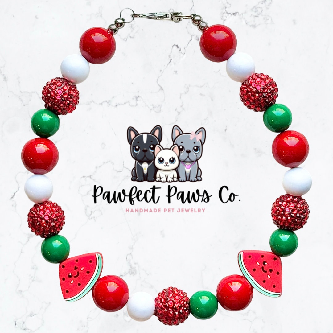 One in a Melon* Green, White & Red Sparkle Watermelon Custom Beaded Dog/Cat Collar Necklace!