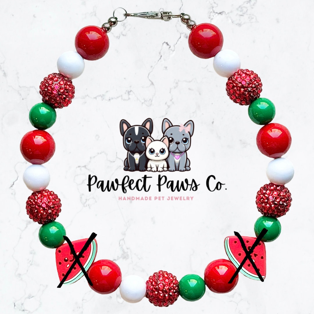 One in a Melon* Green, White & Red Sparkle Watermelon Custom Beaded Dog/Cat Collar Necklace!