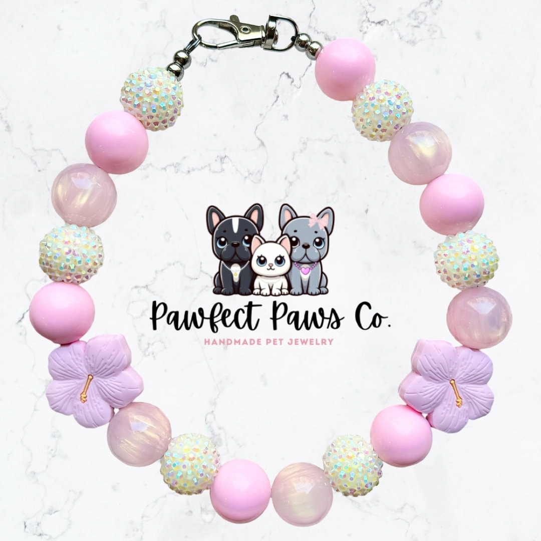 Hibiscus Paws* Pink & White Sparkle Floral Custom Beaded Dog/Cat Collar Necklace!