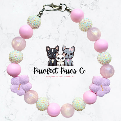 Hibiscus Paws* Pink & White Sparkle Floral Custom Beaded Dog/Cat Collar Necklace!