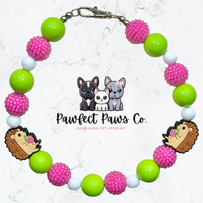 HedgeHugs* Green, White & Pink Sparkle Hedgehog w/ Strawberry Custom Beaded Dog/Cat Collar Necklace!