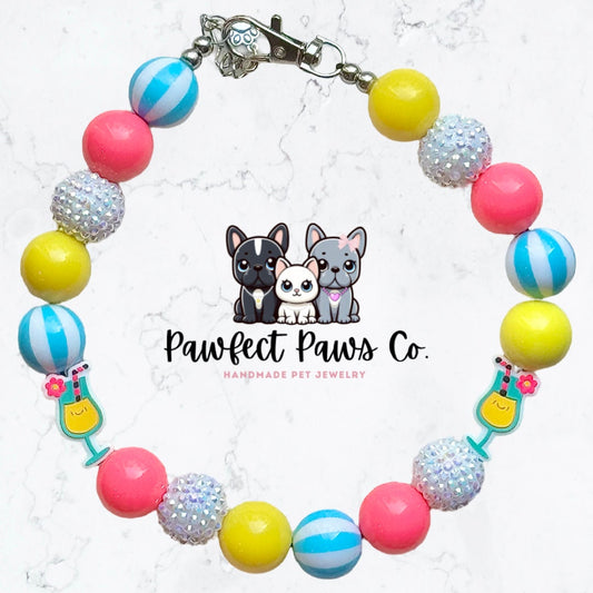 Pãw Coladã* Yellow, Pink, Blue & White Sparkle Piña Colada Drink Custom Beaded Dog/Cat Collar Necklace!