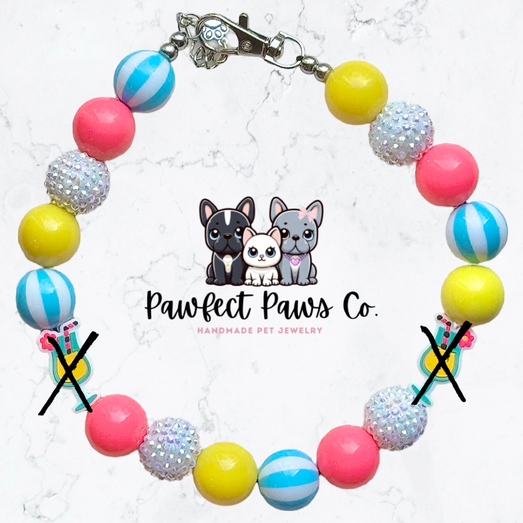 Pãw Coladã* Yellow, Pink, Blue & White Sparkle Piña Colada Drink Custom Beaded Dog/Cat Collar Necklace!