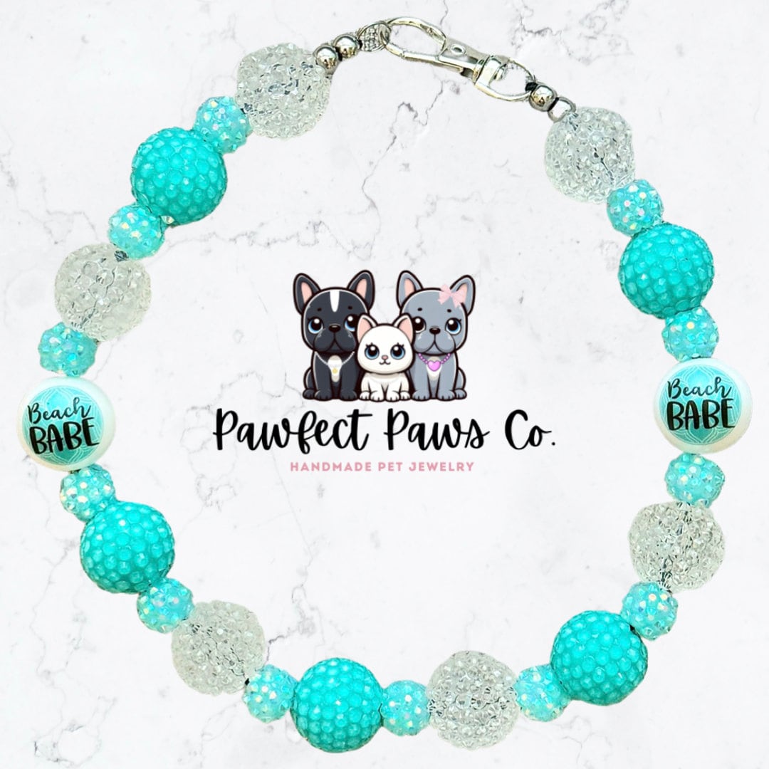 Beach Babe* Teal & Clear Sparkle Summer Custom Beaded Dog/Cat Collar Necklace!