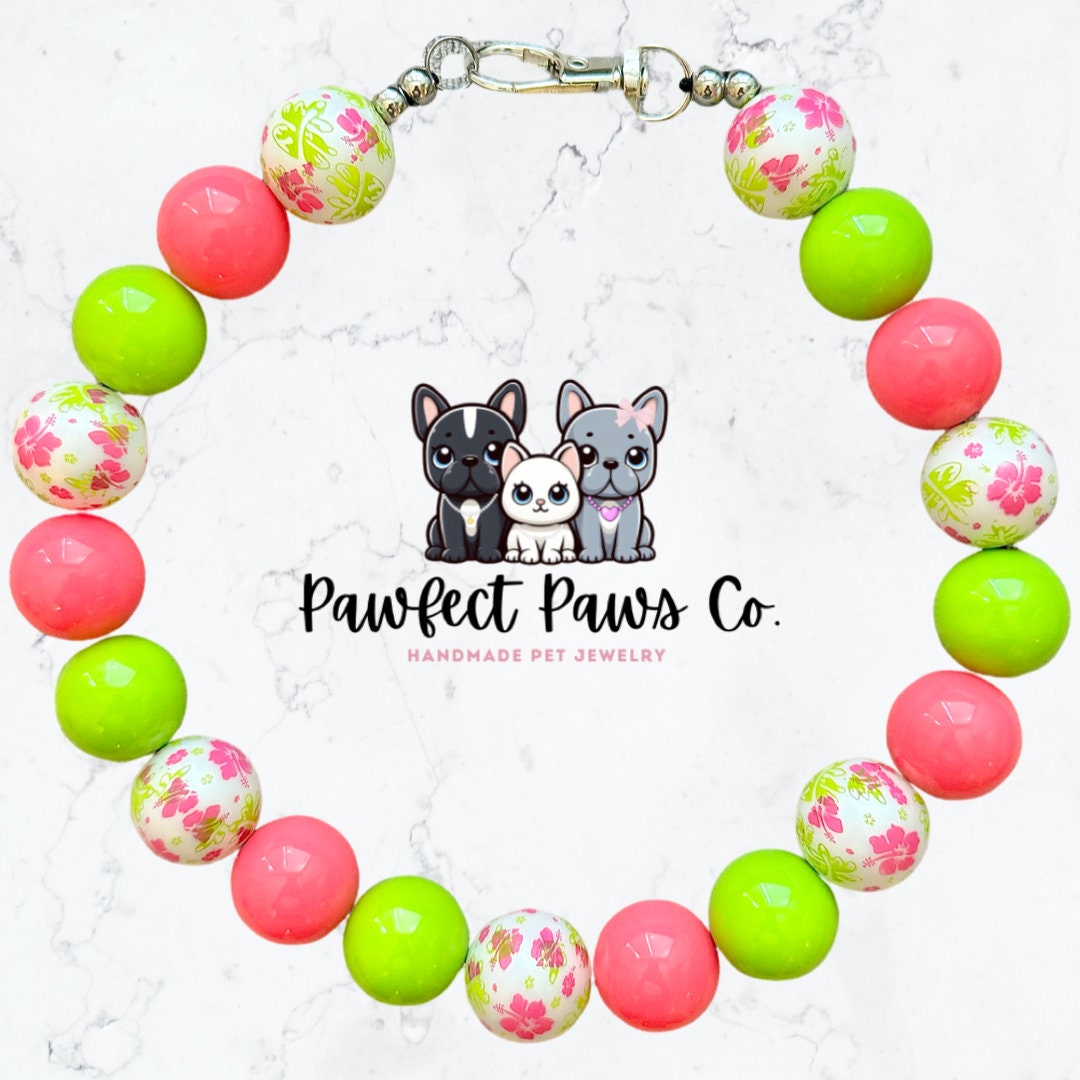 Hibiscus Kiss* Coral & Lime Green Hibiscus Flowers Custom Beaded Dog/Cat Collar Necklace!