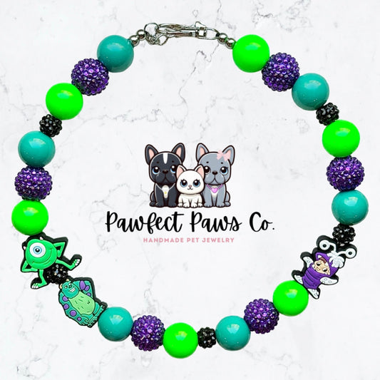 Monster Boos* Teal, Green & Purple Sparkle Monsters Custom Beaded Dog/Cat Collar Necklace!