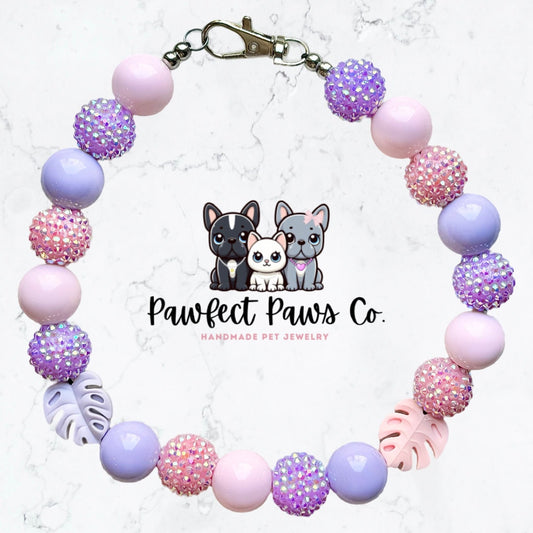 Tropical Fronds* Pink, Purple & White Sparkle Frond Leaves Custom Beaded Dog/Cat Collar Necklace!