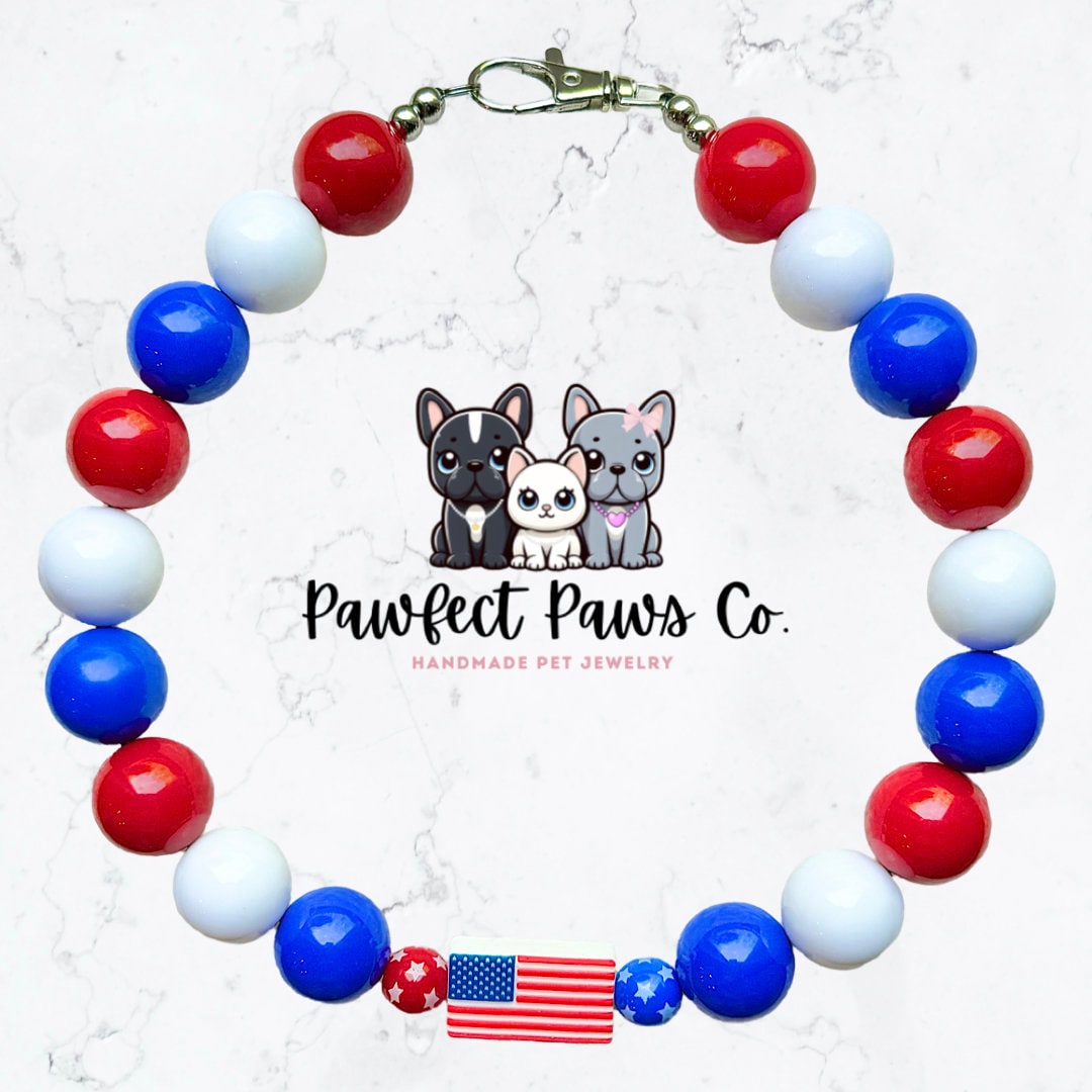 Pawsome Patriot* Red, White & Blue American Flag Custom Beaded Dog/Cat Collar Necklace!