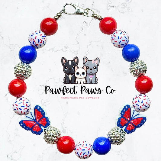 Freedom Wings* Red, White & Blue Patriotic Butterfly Custom Beaded Dog/Cat Collar Necklace!