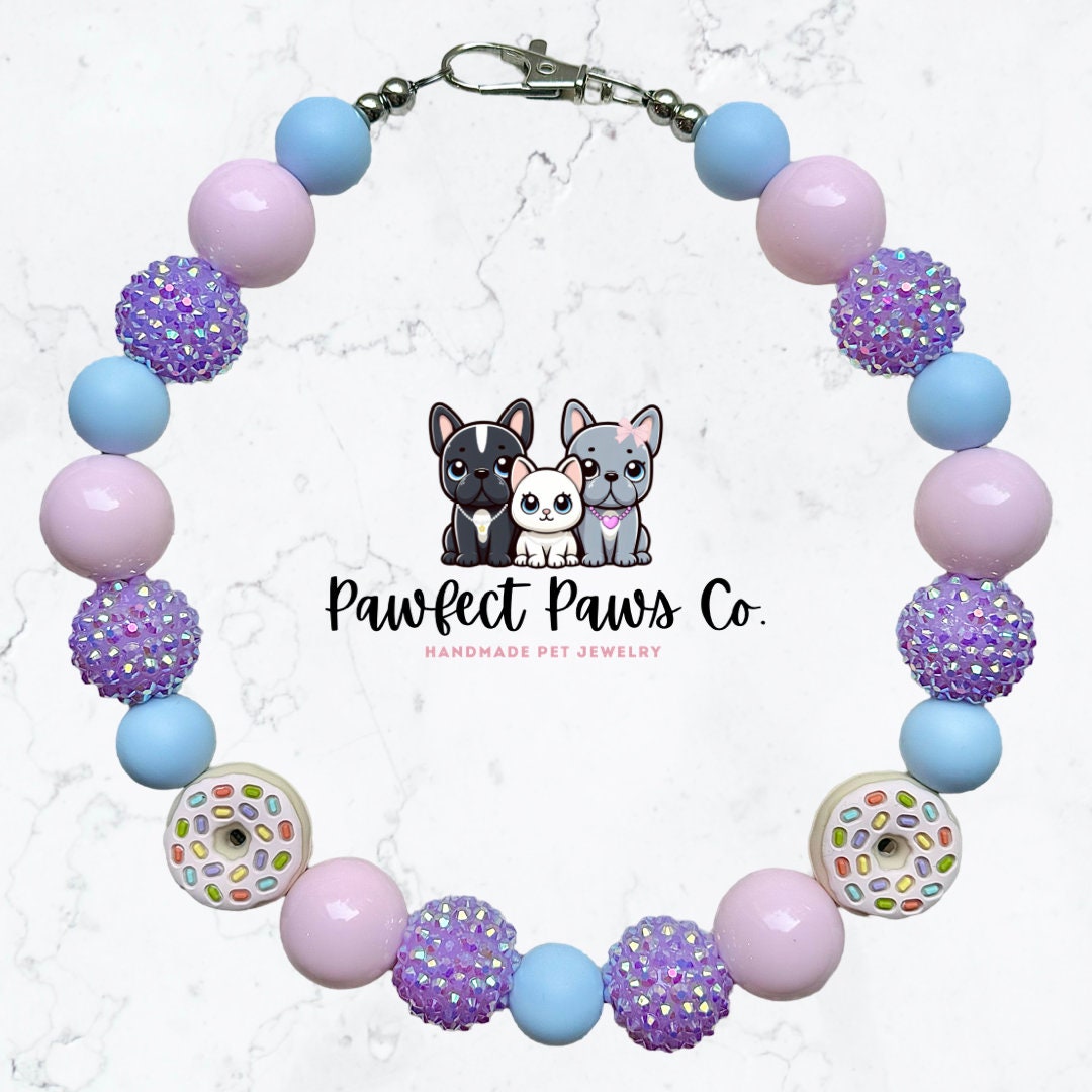 Funfetti* Pastel Pink, Blue & Purple Sparkle Donut Day Custom Beaded Dog/Cat Collar Necklace!