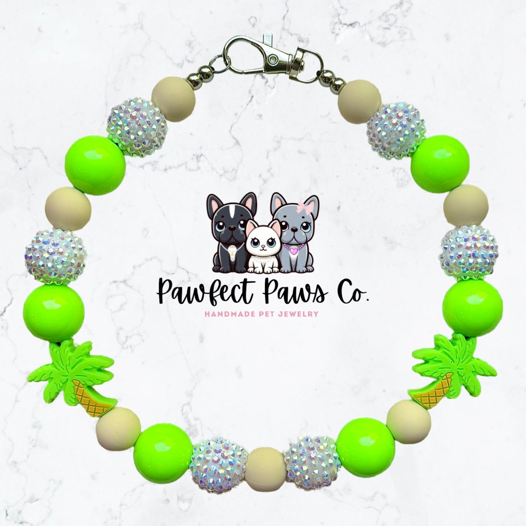 Paws in Paradise* Green, Tan & White Sparkle Palm Tree Custom Beaded Dog/Cat Collar Necklace!