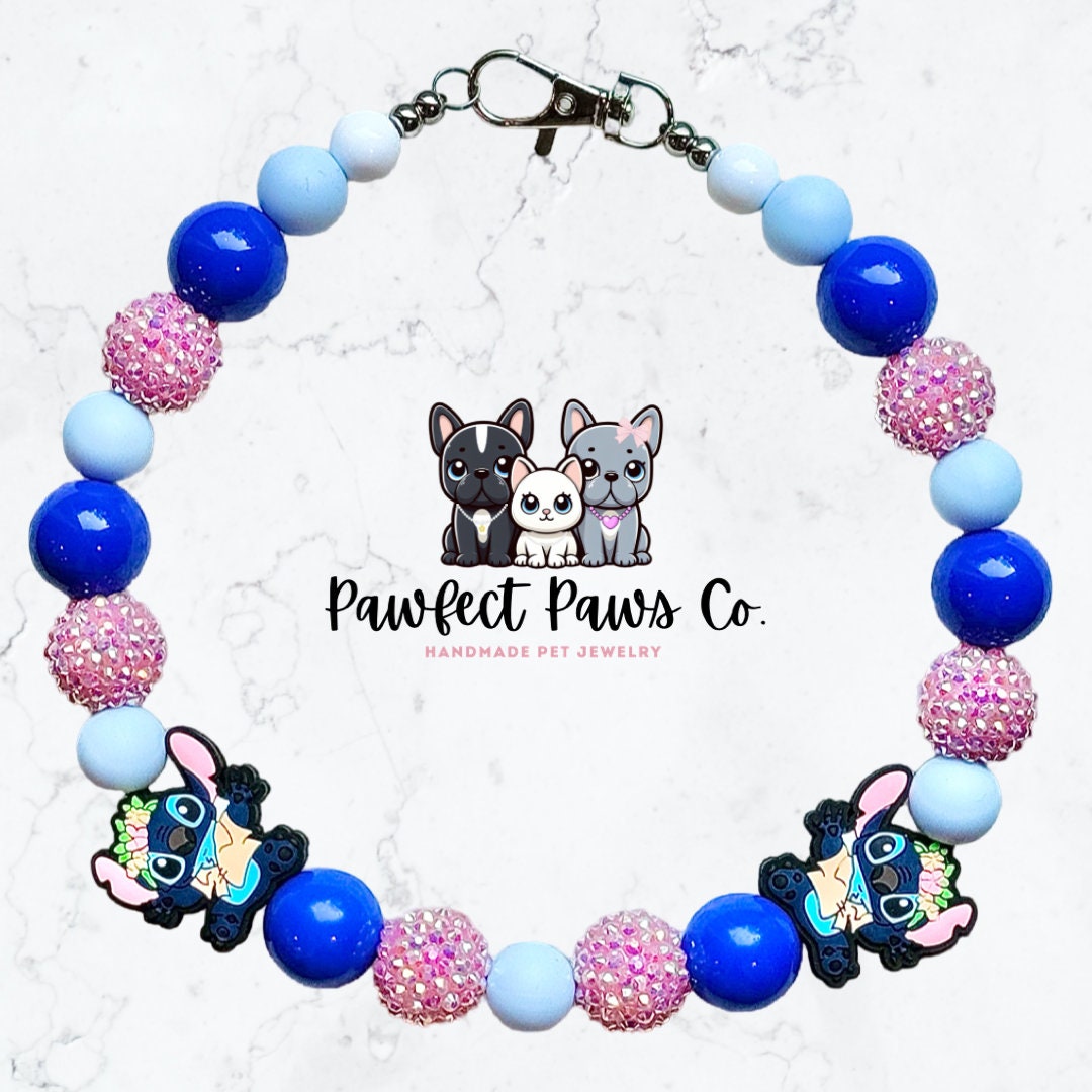 Experiment 626* Hawaiian Stitch Blue & Pink Sparkle Custom Beaded Dog/Cat Collar Necklace!