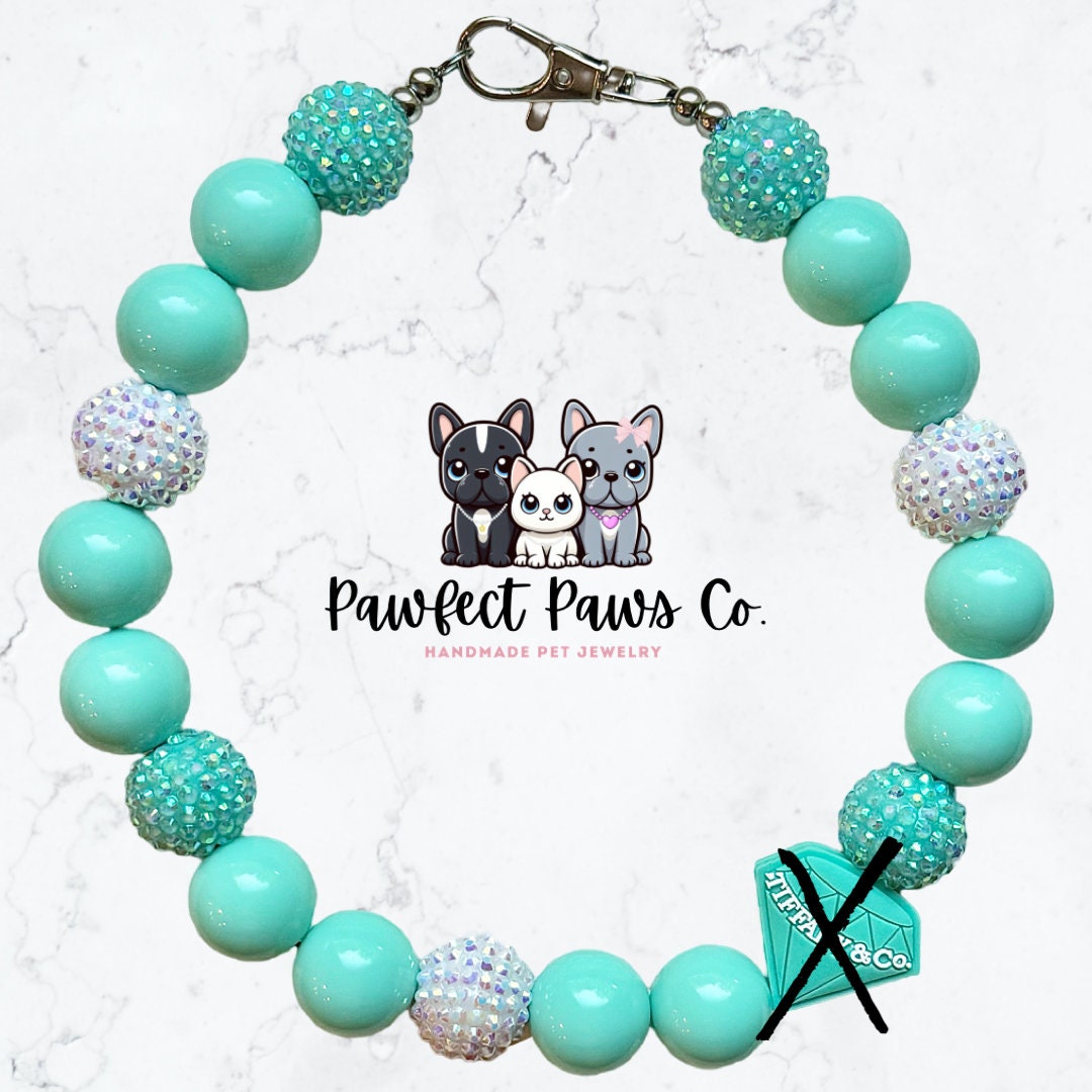 Sniffany Date* Teal & White Sparkle Luxury Custom Beaded Dog/Cat Collar Necklace!