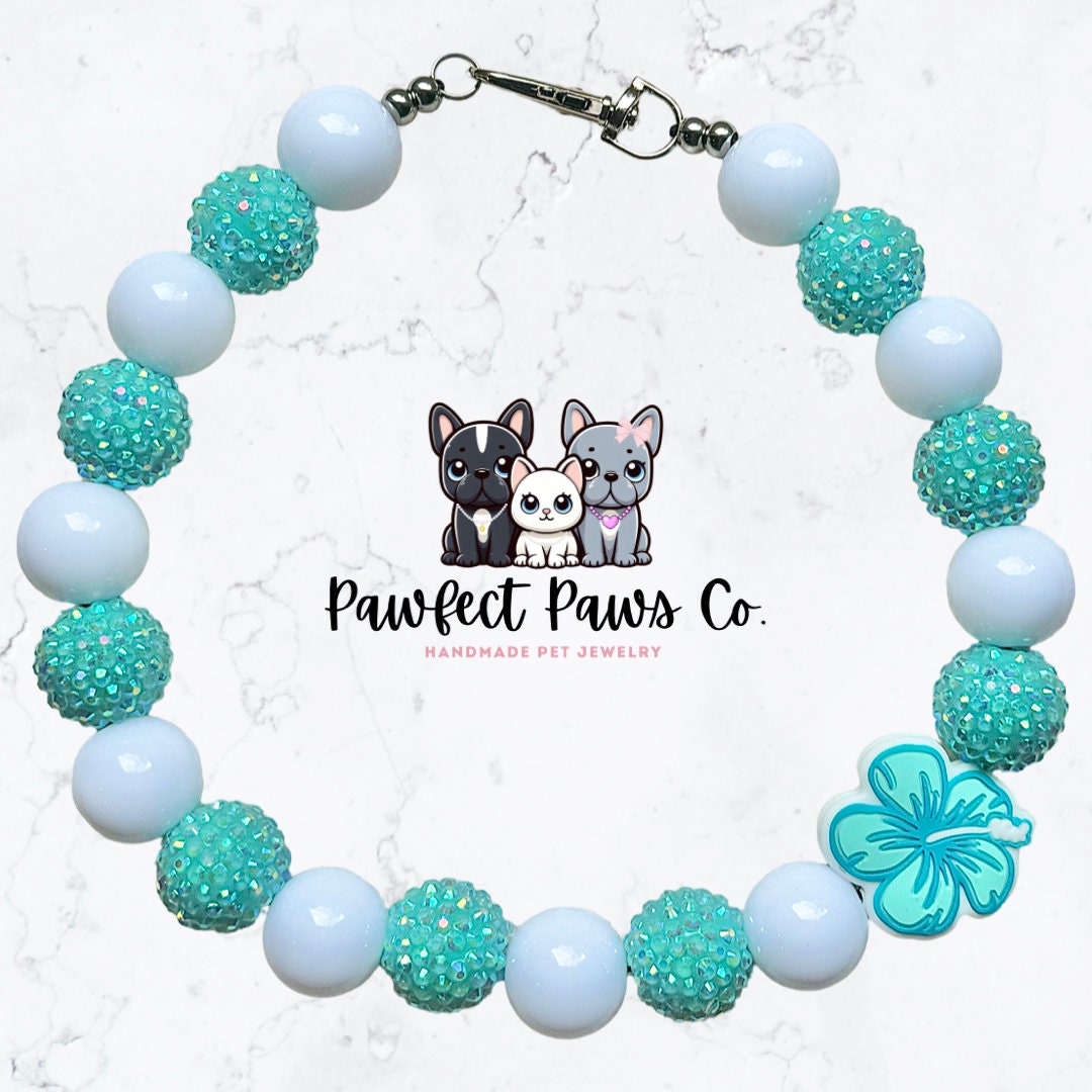 Tropical Breeze* White & Blue Sparkle Hibiscus Custom Beaded Dog/Cat Collar Necklace!