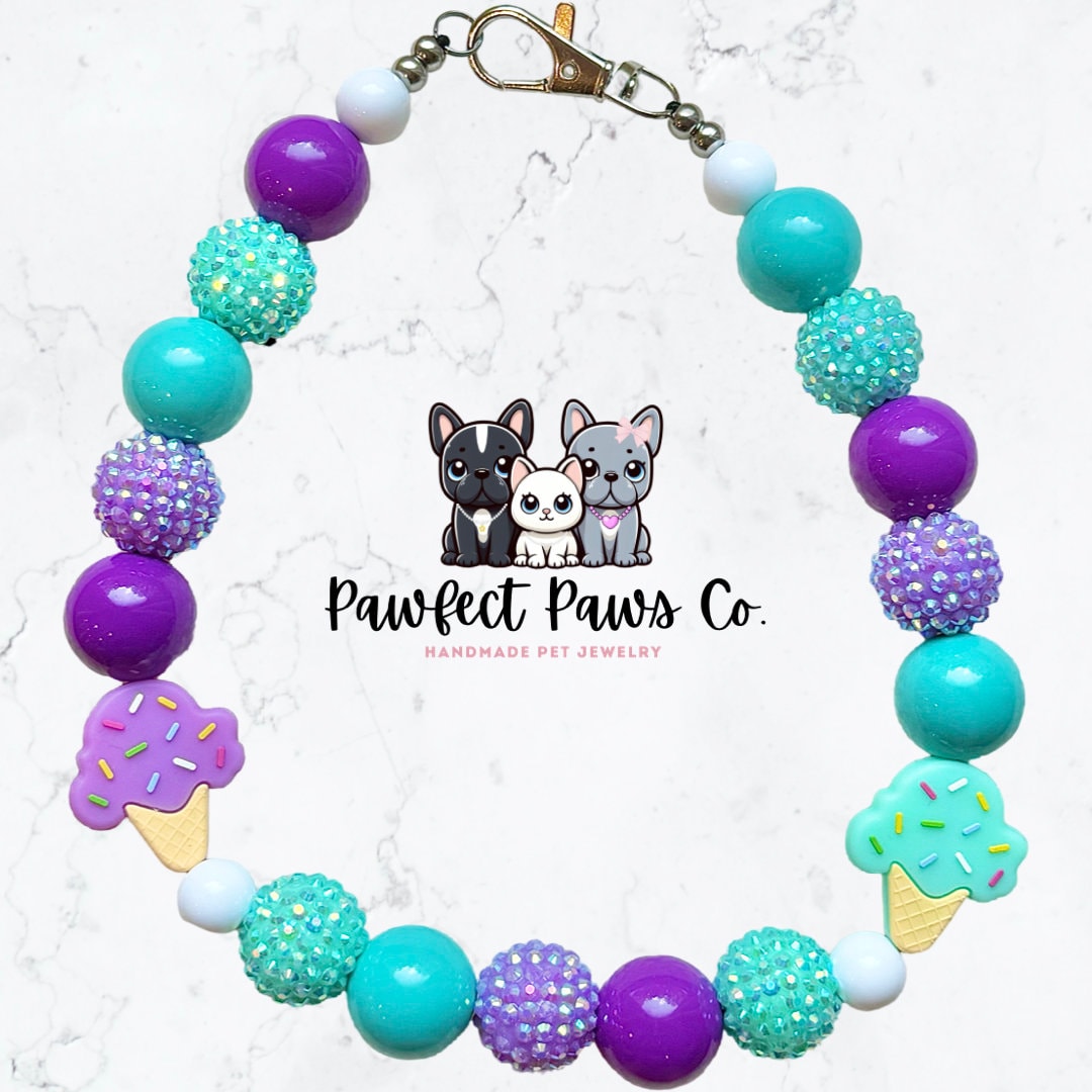 Icecream Paws* Teal & Purple Sparkle Ice cream Custom Beaded Dog/Cat Collar Necklace!