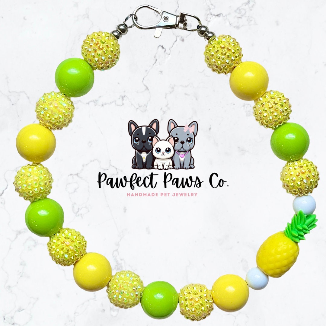 Tropawical* Yellow & Green Sparkle Pineapple Custom Beaded Dog/Cat Collar Necklace!