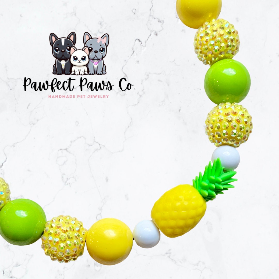 Tropawical* Yellow & Green Sparkle Pineapple Custom Beaded Dog/Cat Collar Necklace!