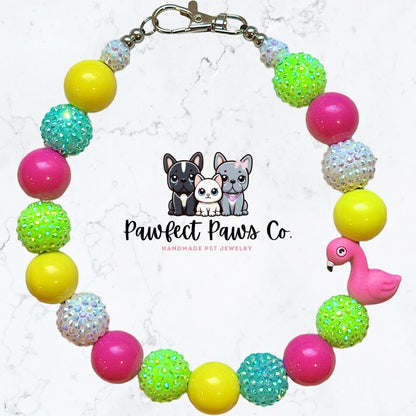 Tropic like it’s Hot* Pink, Green, Yellow, White & Teal Sparkle Flamingo Custom Beaded Dog/Cat Collar Necklace!