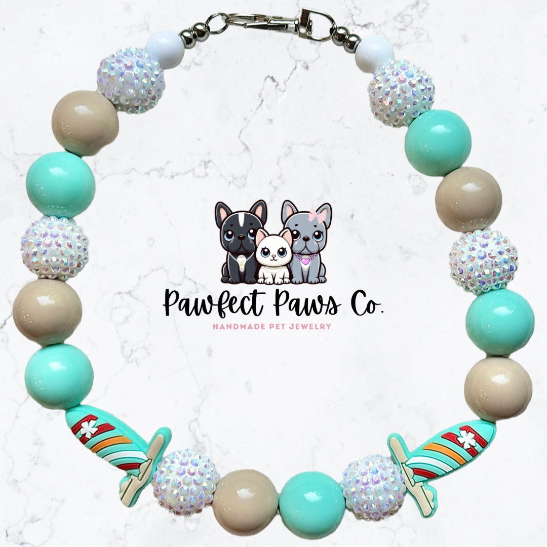 Surf’s Up* Tan, Teal & White Sparkle Surfboard Custom Beaded Dog/Cat Collar Necklace!