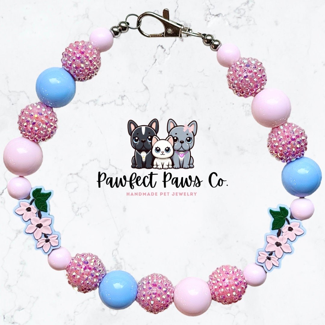 Sakura Sparkle* Blue & Pink Sparkle Cherry Blossom Custom Beaded Dog/Cat Collar Necklace!