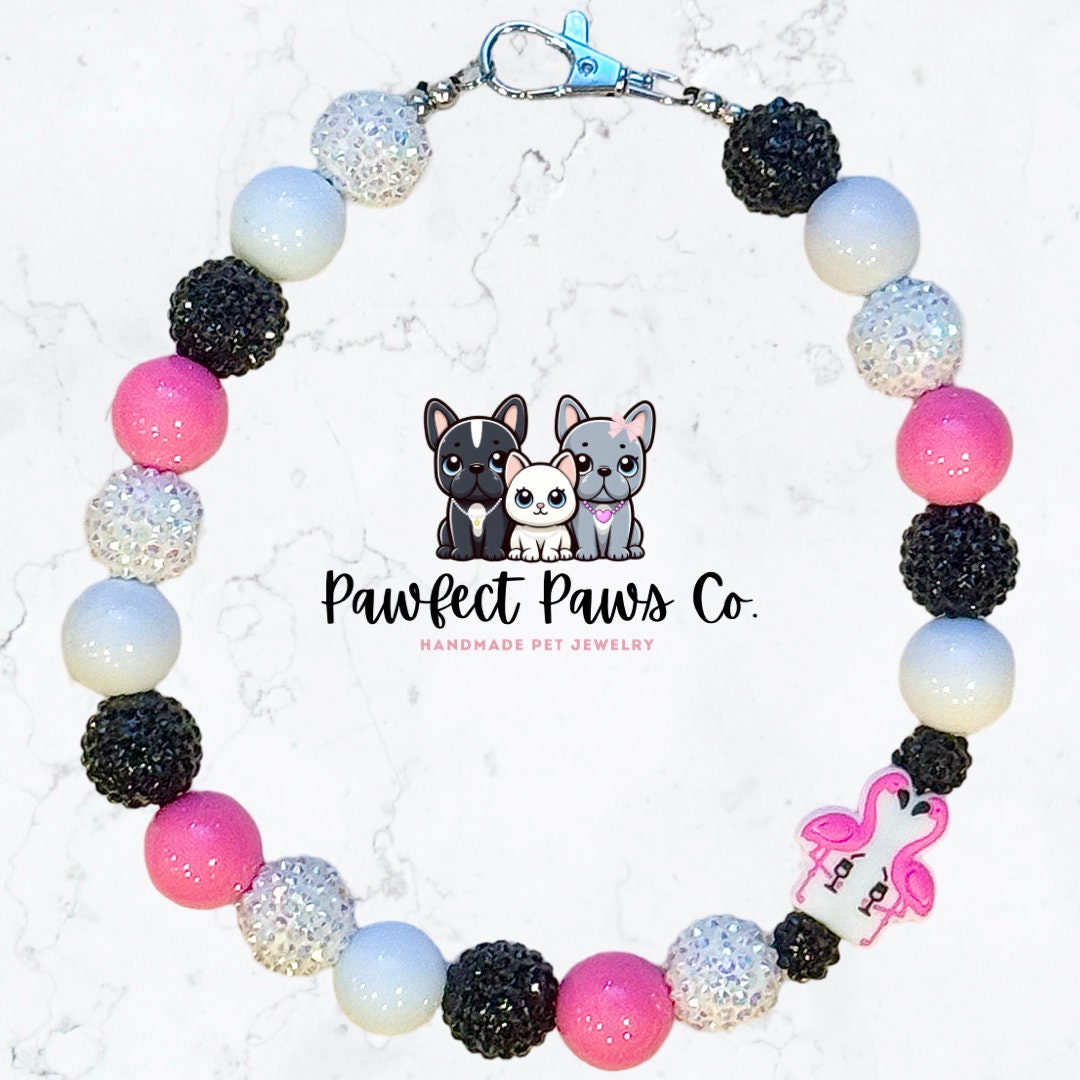 Pink Paradise* Pink, Black & White Sparkle Flamingo Drink Custom Beaded Dog/Cat Collar Necklace!