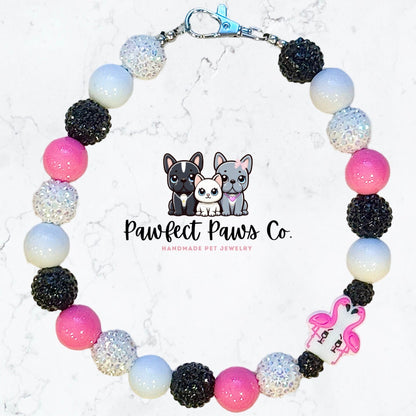 Pink Paradise* Pink, Black & White Sparkle Flamingo Drink Custom Beaded Dog/Cat Collar Necklace!