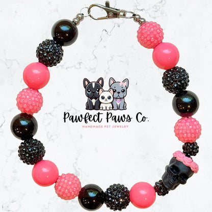 Sweet & Skully * Pink Black Sparkle Skull Custom Beaded Dog/Cat Collar Necklace!