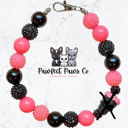 Sweet & Skully * Pink Black Sparkle Skull Custom Beaded Dog/Cat Collar Necklace!